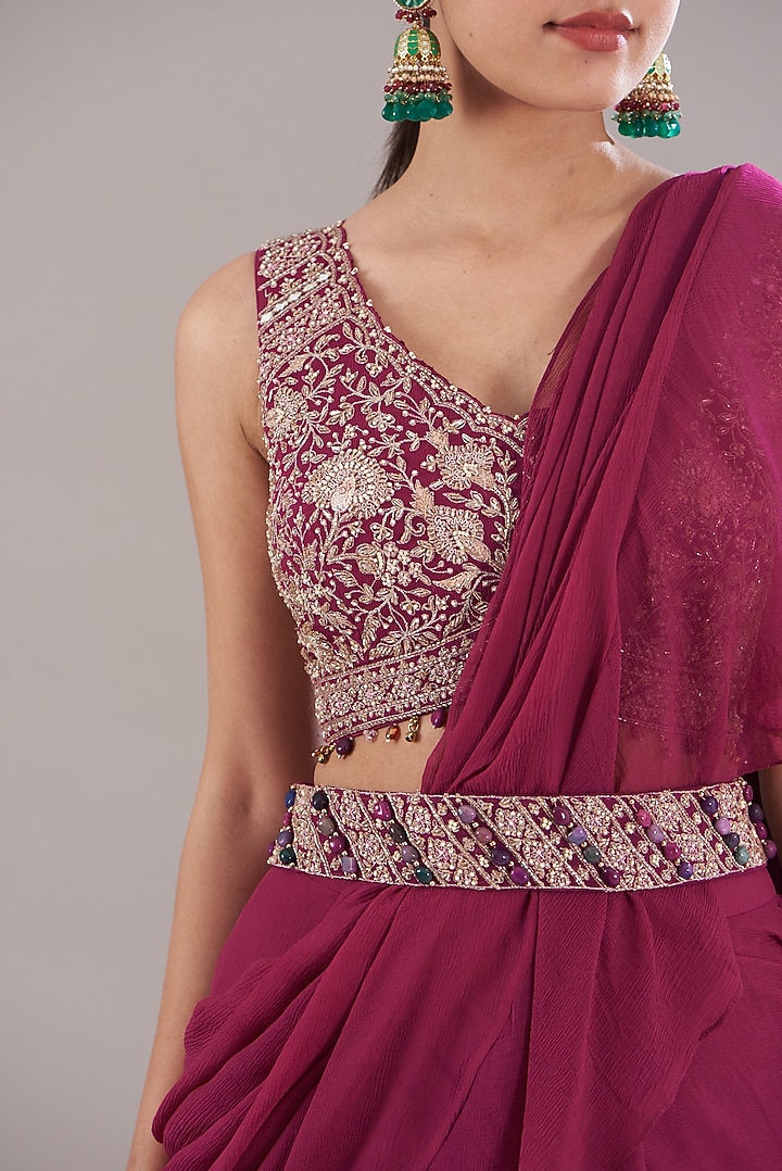 Maroon Silk Chiffon Pre-Stitched Wedding Saree Set by Sana Barreja at Pernia's Pop Up Shop