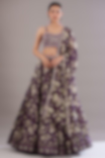 Purple Chanderi Silk Printed Wedding Lehenga Set by Sana Barreja at Pernia's Pop Up Shop