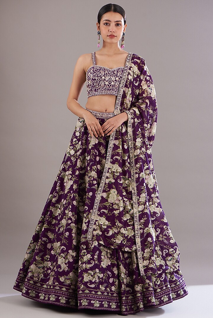 Purple Chanderi Silk Printed Wedding Lehenga Set by Sana Barreja at Pernia's Pop Up Shop