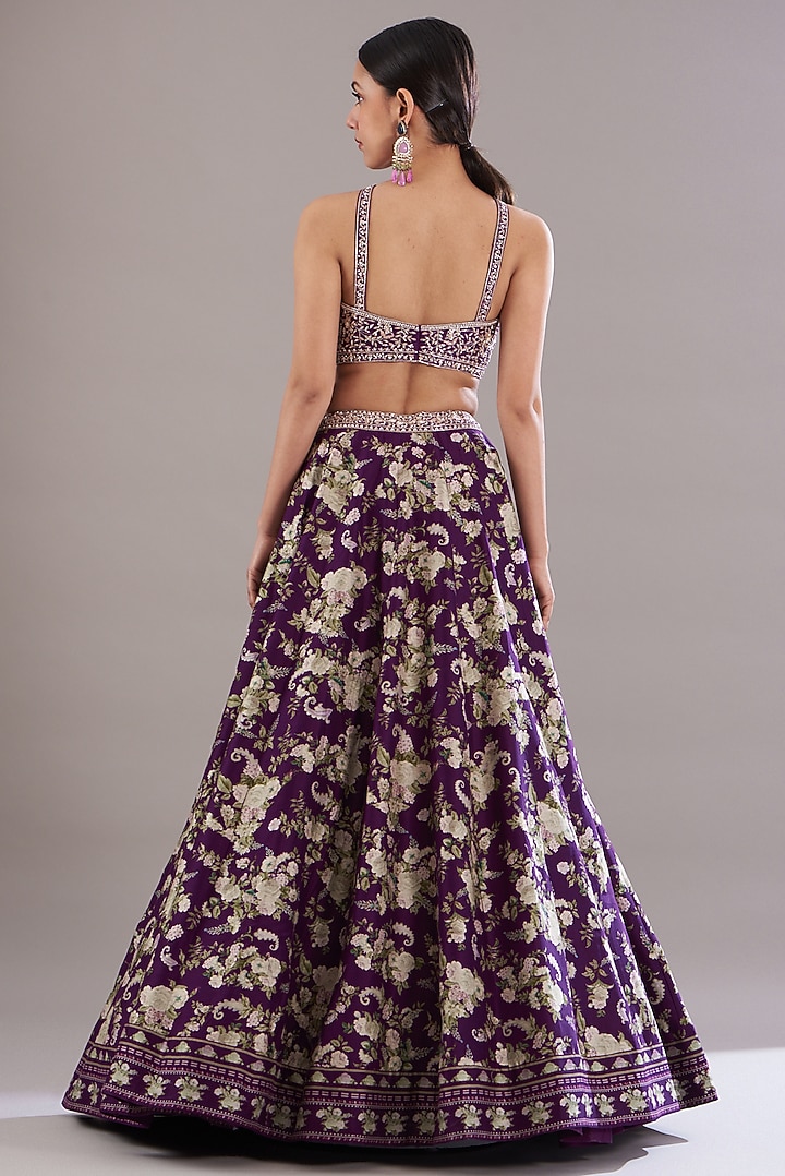 Purple Chanderi Silk Printed Wedding Lehenga Set by Sana Barreja at Pernia's Pop Up Shop