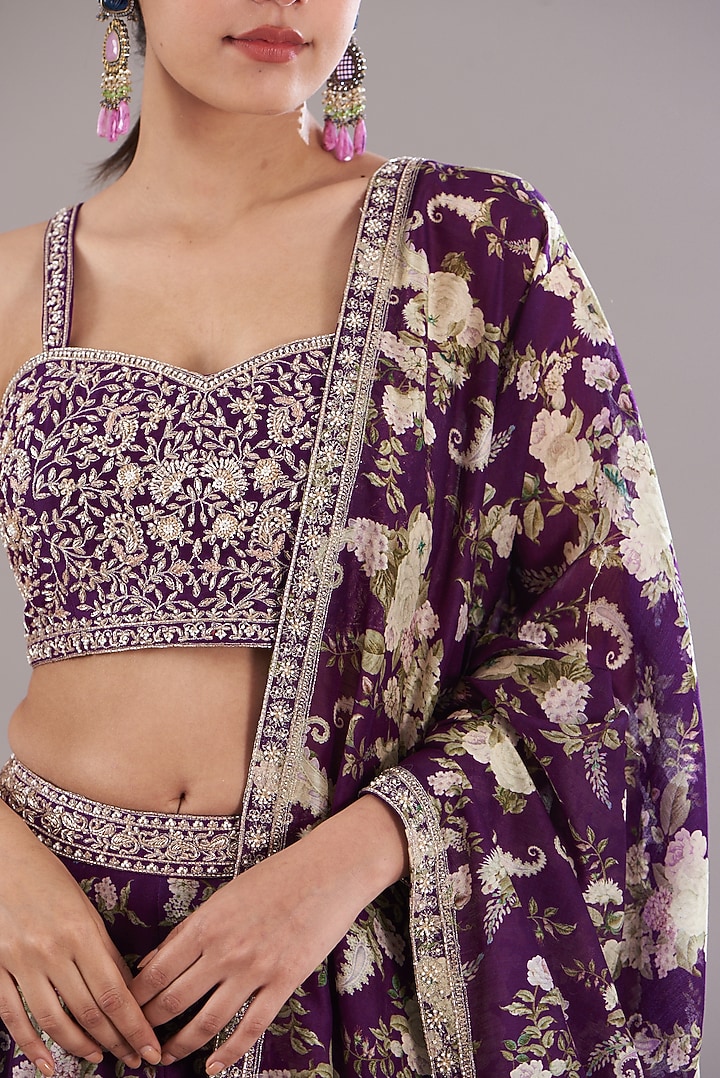 Purple Chanderi Silk Printed Wedding Lehenga Set by Sana Barreja at Pernia's Pop Up Shop