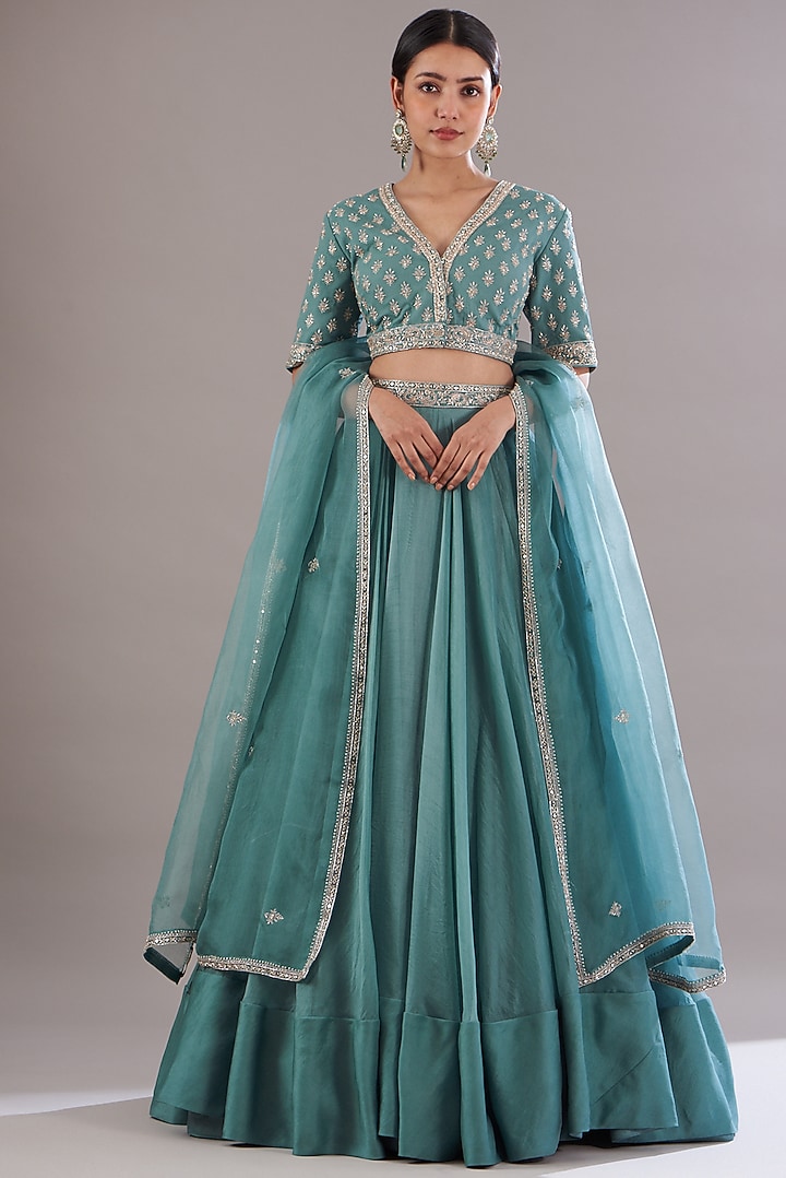 Ice Blue Georgette & Organza Wedding Lehenga Set by Sana Barreja at Pernia's Pop Up Shop