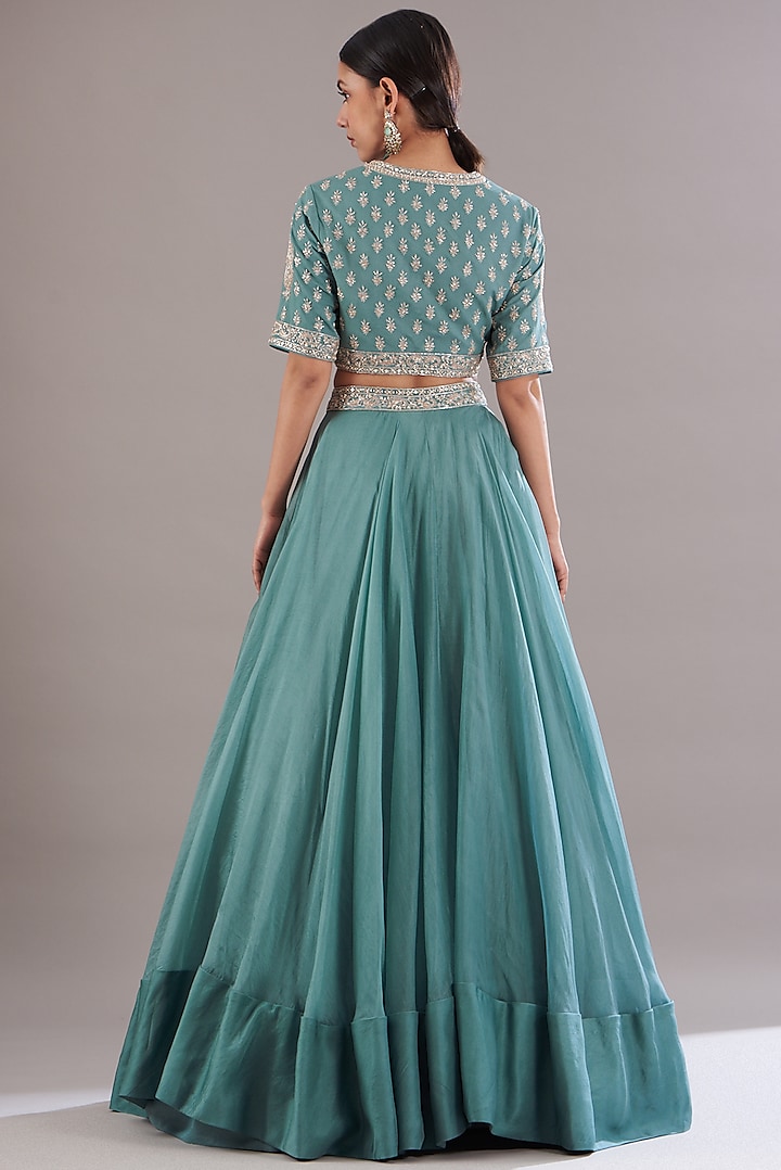 Ice Blue Georgette & Organza Wedding Lehenga Set by Sana Barreja at Pernia's Pop Up Shop