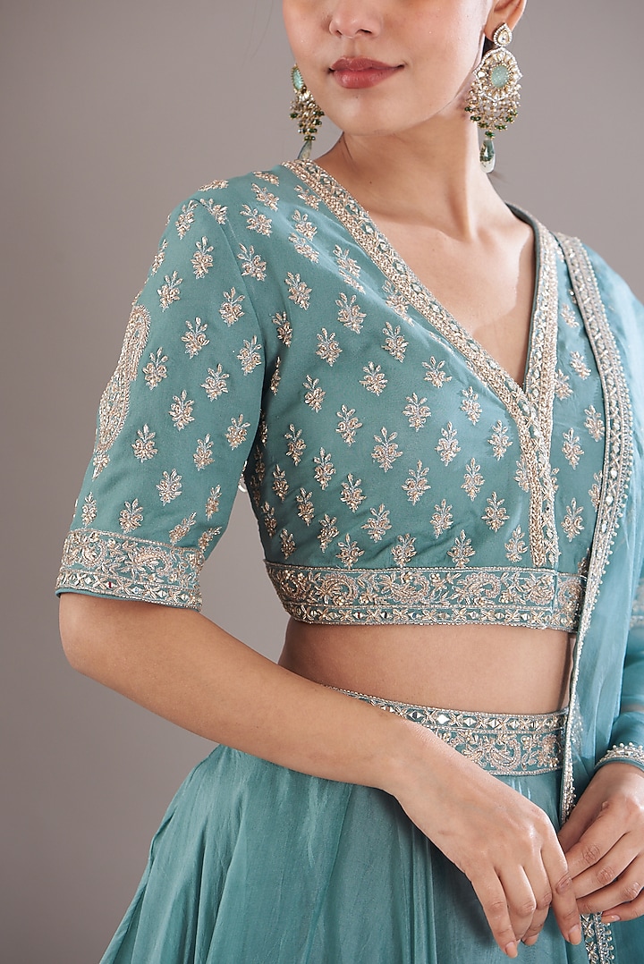 Ice Blue Georgette & Organza Wedding Lehenga Set by Sana Barreja at Pernia's Pop Up Shop