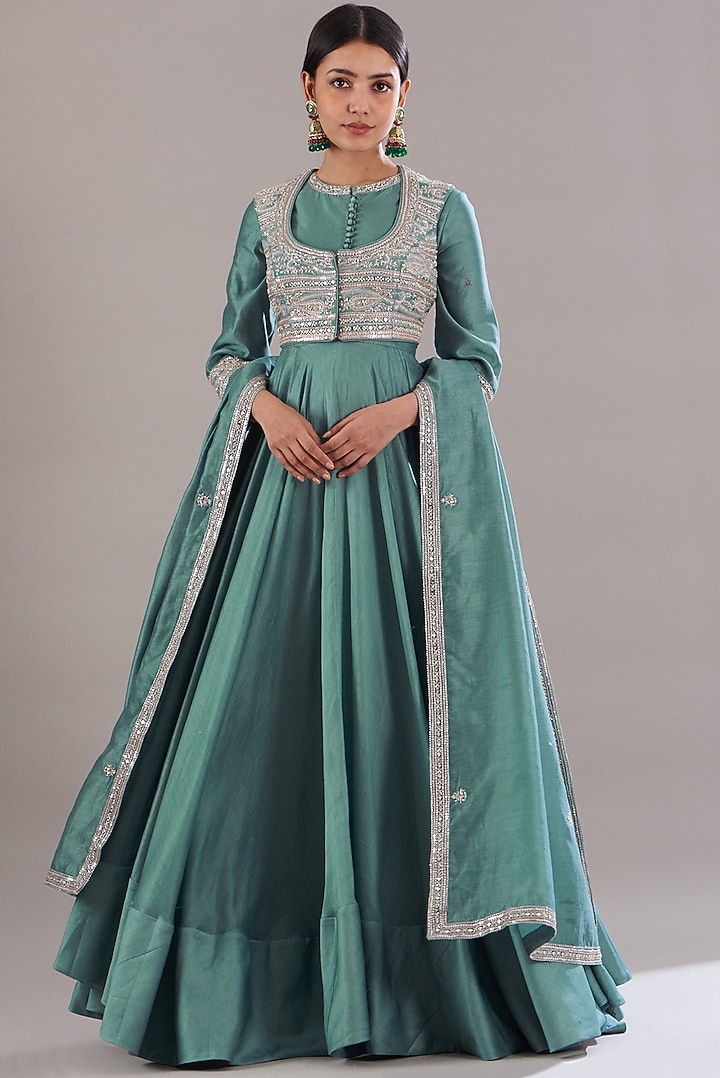 Ice Blue Chanderi Silk Wedding Anarkali Set by Sana Barreja at Pernia's Pop Up Shop