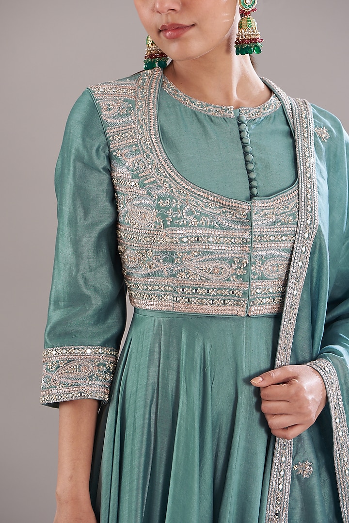 Ice Blue Chanderi Silk Wedding Anarkali Set by Sana Barreja at Pernia's Pop Up Shop