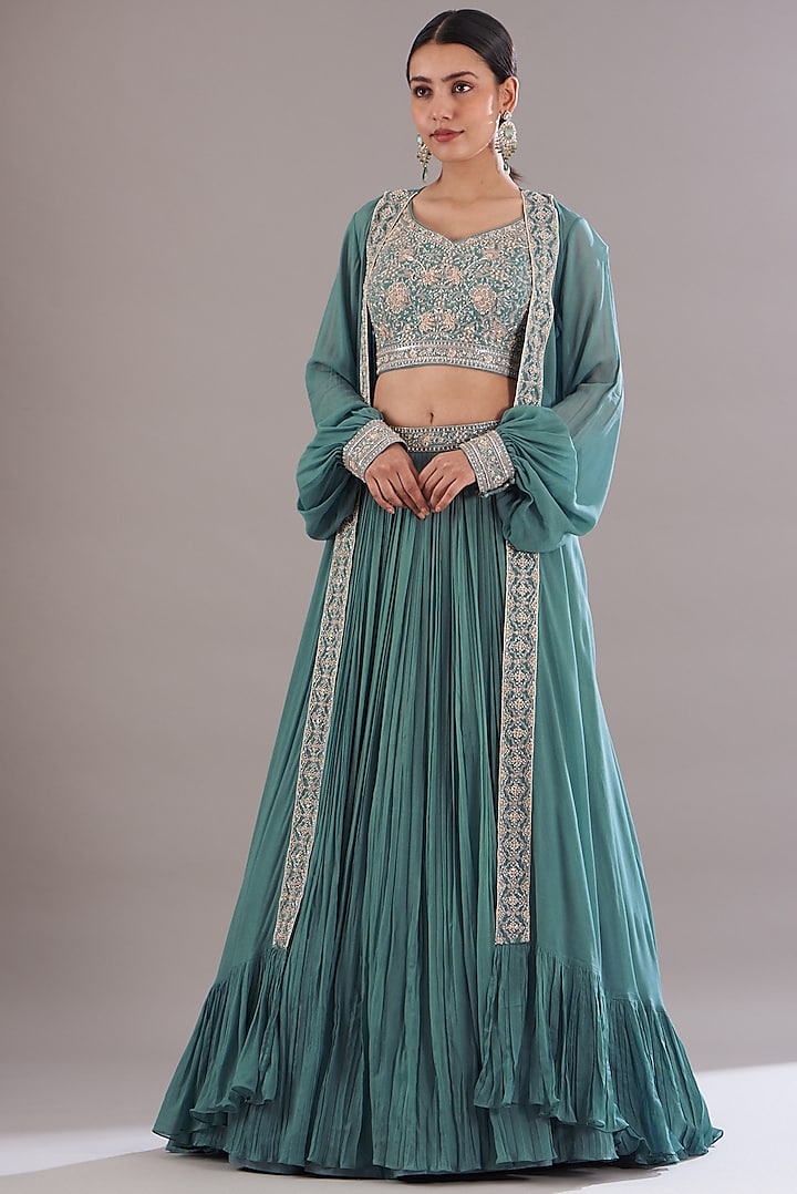 Ice Blue Georgette Jacket Wedding Lehenga Set by Sana Barreja at Pernia's Pop Up Shop