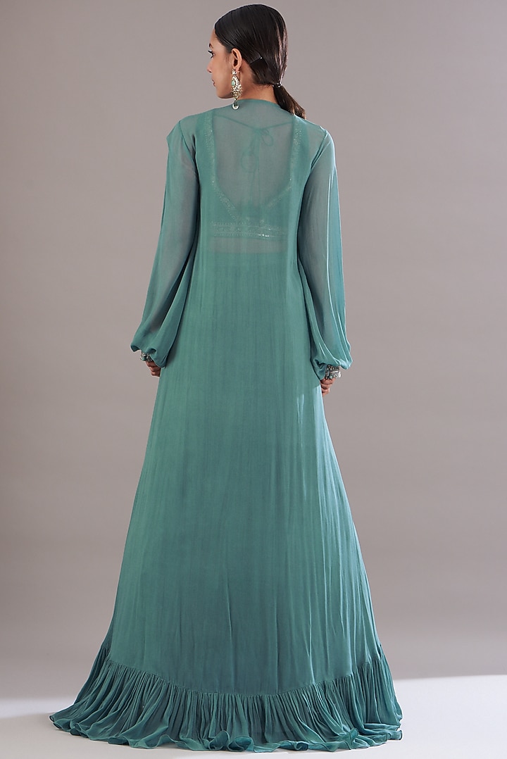 Ice Blue Georgette Jacket Wedding Lehenga Set by Sana Barreja at Pernia's Pop Up Shop