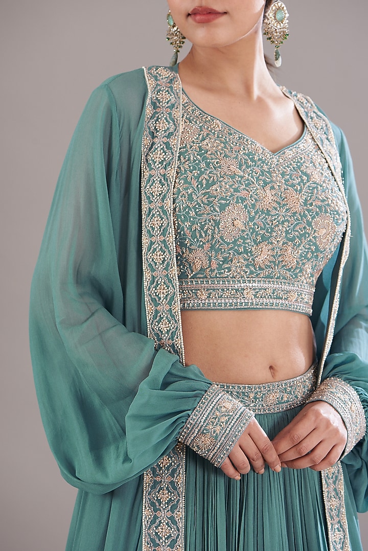 Ice Blue Georgette Jacket Wedding Lehenga Set by Sana Barreja at Pernia's Pop Up Shop