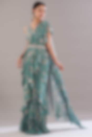 Ice Blue Chiffon Printed Wedding Saree Set by Sana Barreja at Pernia's Pop Up Shop