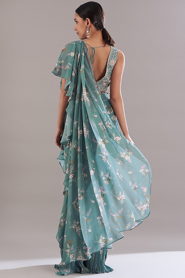 Ice Blue Chiffon Printed Wedding Saree Set by Sana Barreja at Pernia's Pop Up Shop