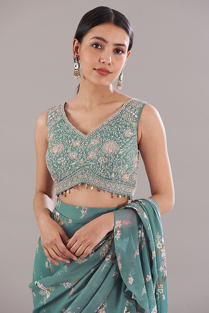 Ice Blue Chiffon Printed Wedding Saree Set by Sana Barreja at Pernia's Pop Up Shop