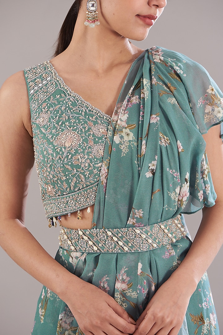 Ice Blue Chiffon Printed Wedding Saree Set by Sana Barreja at Pernia's Pop Up Shop
