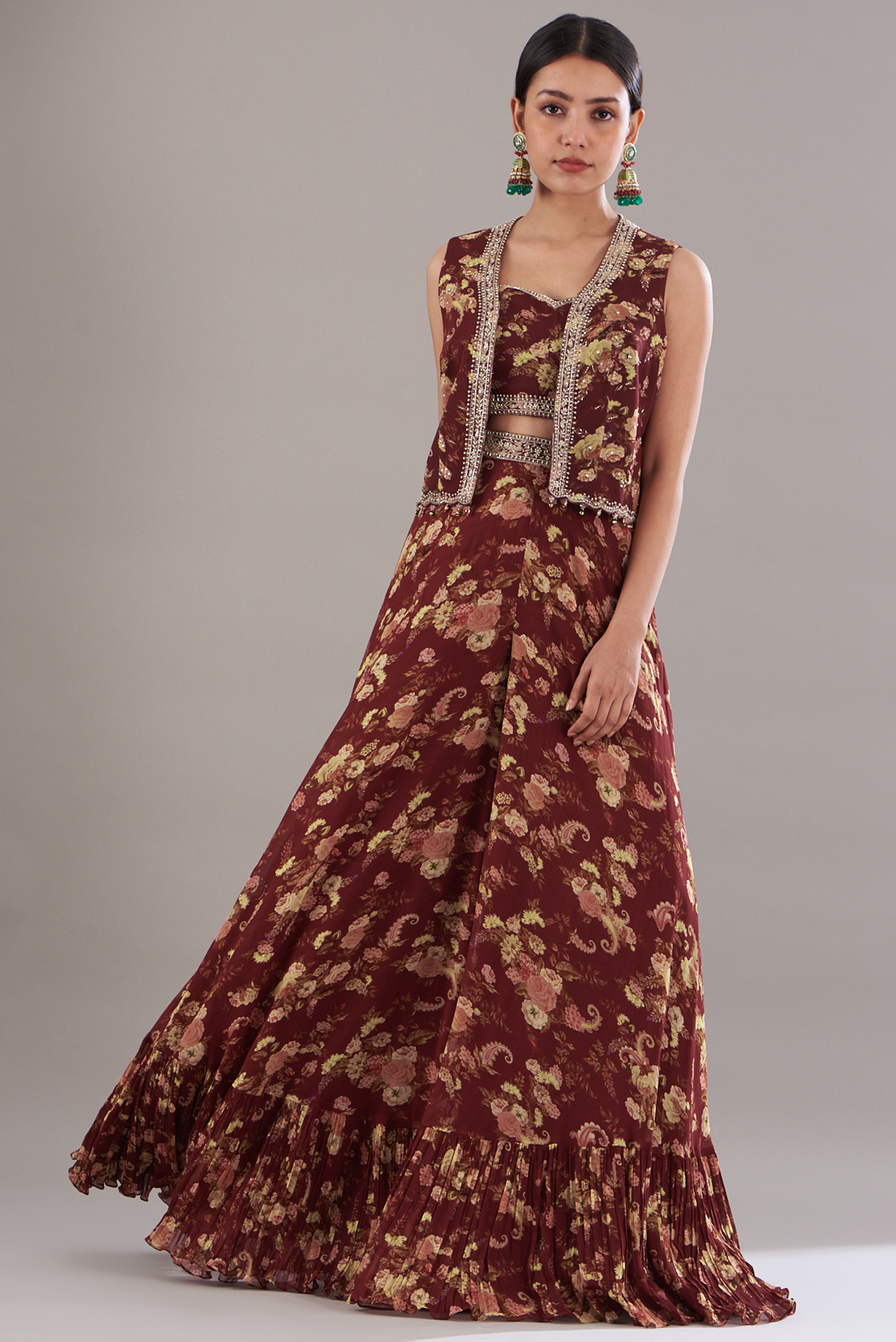 Red Georgette Printed Wedding Sharara Set by Sana Barreja at Pernia's Pop Up Shop