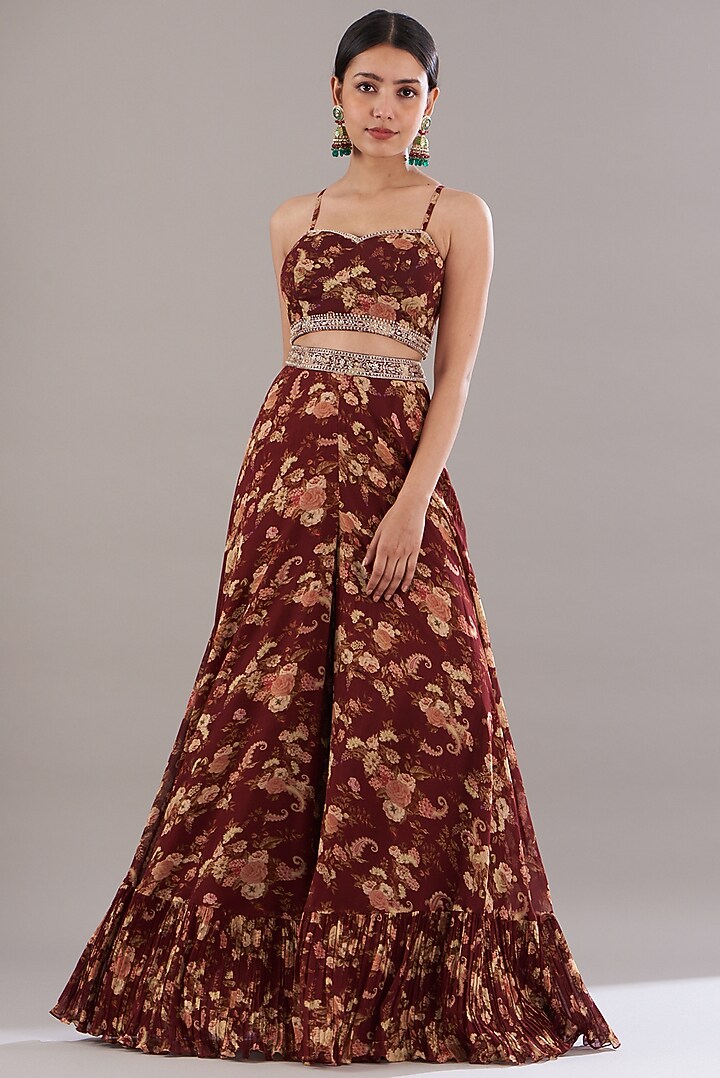 Red Georgette Printed Wedding Sharara Set by Sana Barreja at Pernia's Pop Up Shop