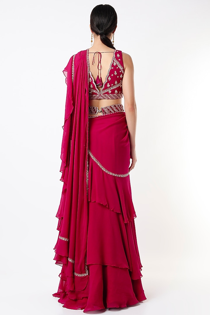Red Hand Embroidered Pre-Stitched Wedding Saree Set by Sana Barreja at Pernia's Pop Up Shop