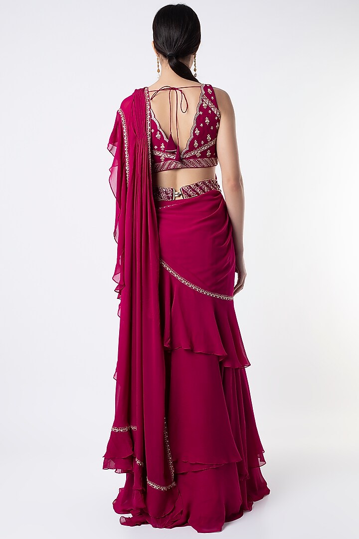 Fuchsia Hand Embroidered Pre-Stitched Wedding Saree Set by Sana Barreja at Pernia's Pop Up Shop