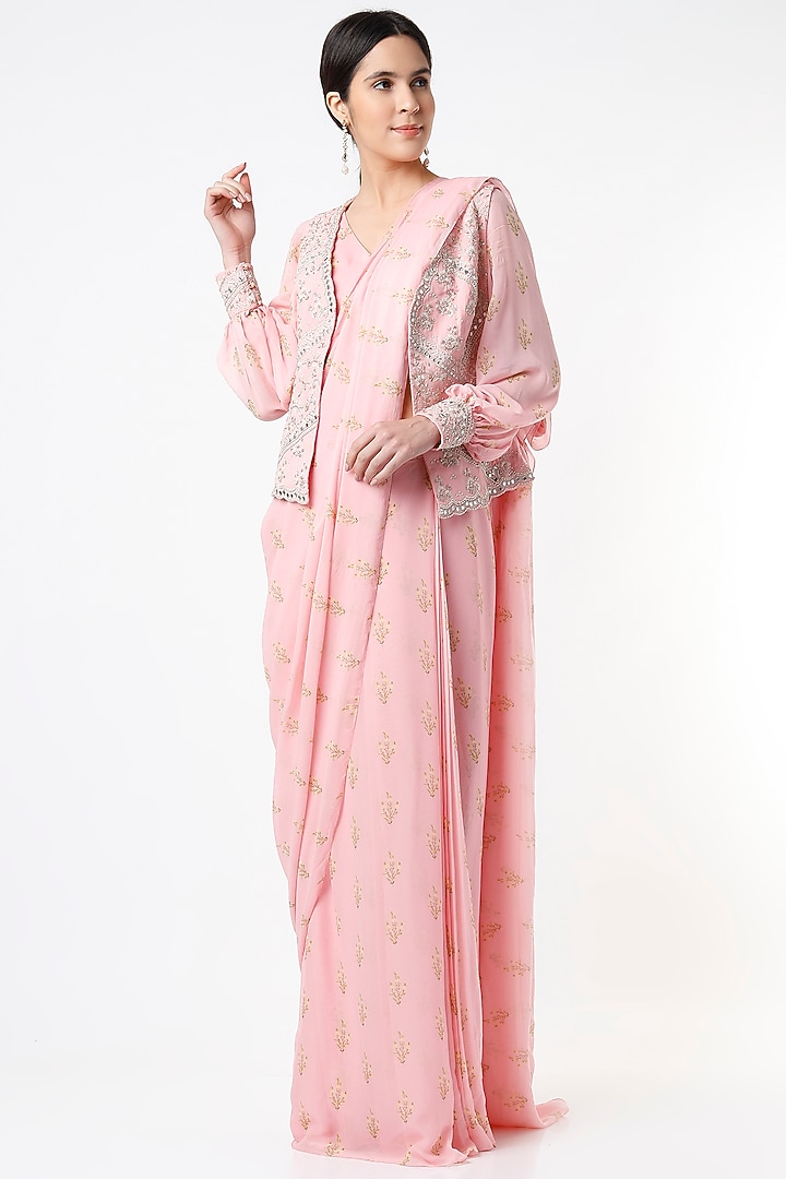 Blush Pink Georgette Pre-Stitched Wedding Saree Set by Sana Barreja at Pernia's Pop Up Shop