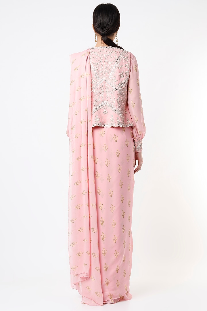 Blush Pink Georgette Pre-Stitched Wedding Saree Set by Sana Barreja at Pernia's Pop Up Shop