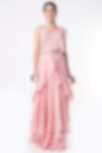 Blush Pink Layered Pre-Stitched Wedding Saree Set by Sana Barreja at Pernia's Pop Up Shop