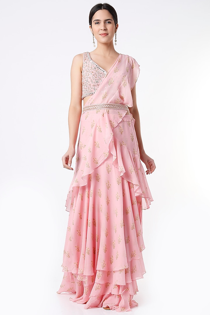 Blush Pink Layered Pre-Stitched Wedding Saree Set by Sana Barreja at Pernia's Pop Up Shop