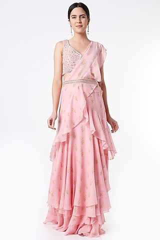 Blush Pink Layered Pre-Stitched Saree Set by Sana Barreja