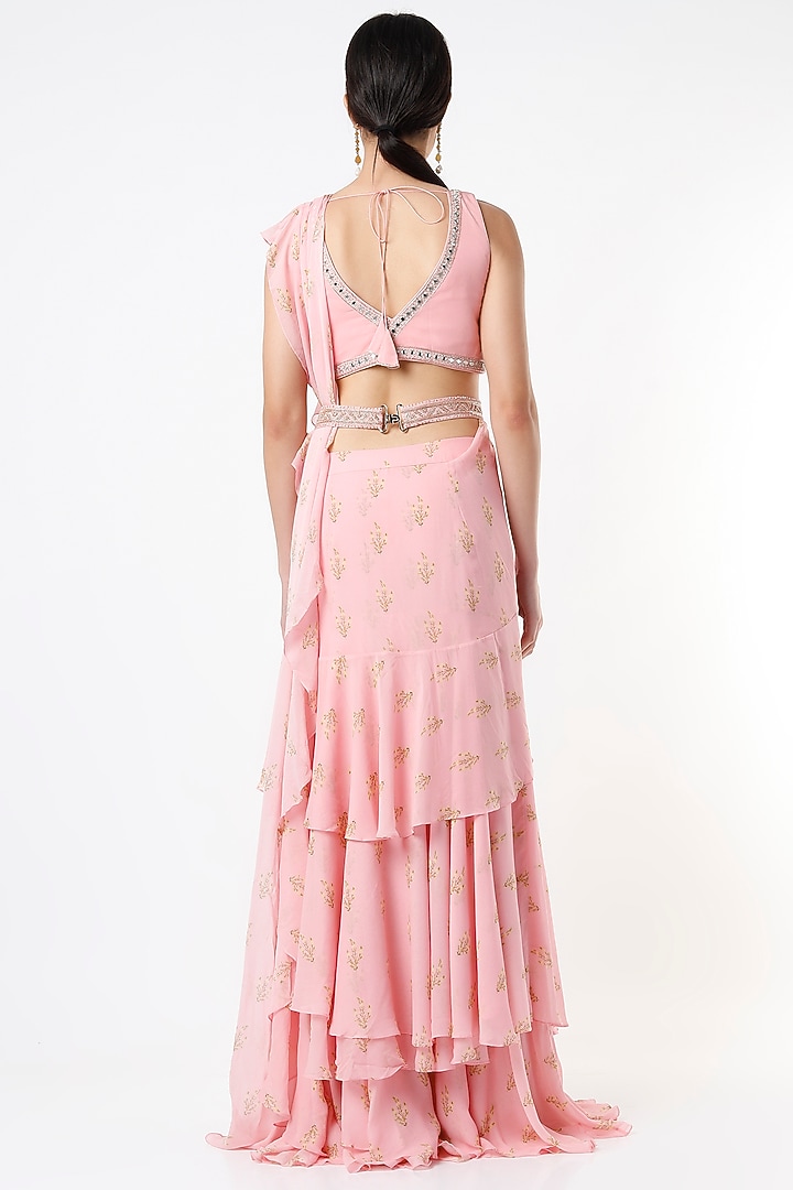Blush Pink Layered Pre-Stitched Wedding Saree Set by Sana Barreja at Pernia's Pop Up Shop