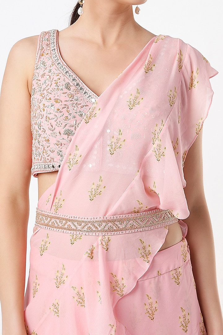 Blush Pink Layered Pre-Stitched Wedding Saree Set by Sana Barreja at Pernia's Pop Up Shop