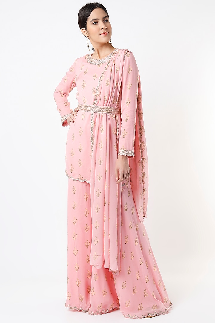 Blush Pink Georgette Printed & Embroidered Gharara Set by Sana Barreja at Pernia's Pop Up Shop