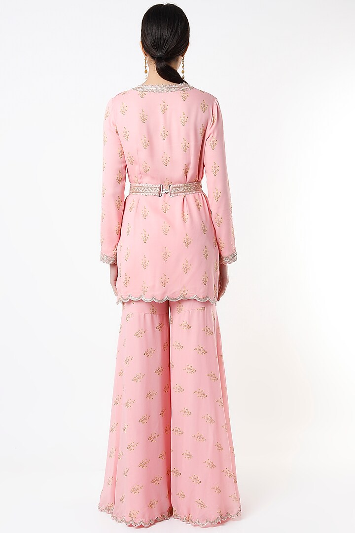 Blush Pink Georgette Printed & Embroidered Gharara Set by Sana Barreja at Pernia's Pop Up Shop