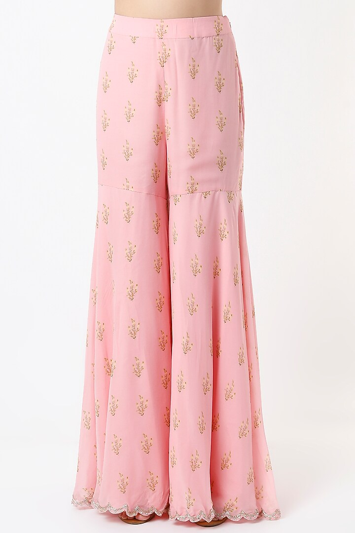 Blush Pink Georgette Printed & Embroidered Gharara Set by Sana Barreja at Pernia's Pop Up Shop