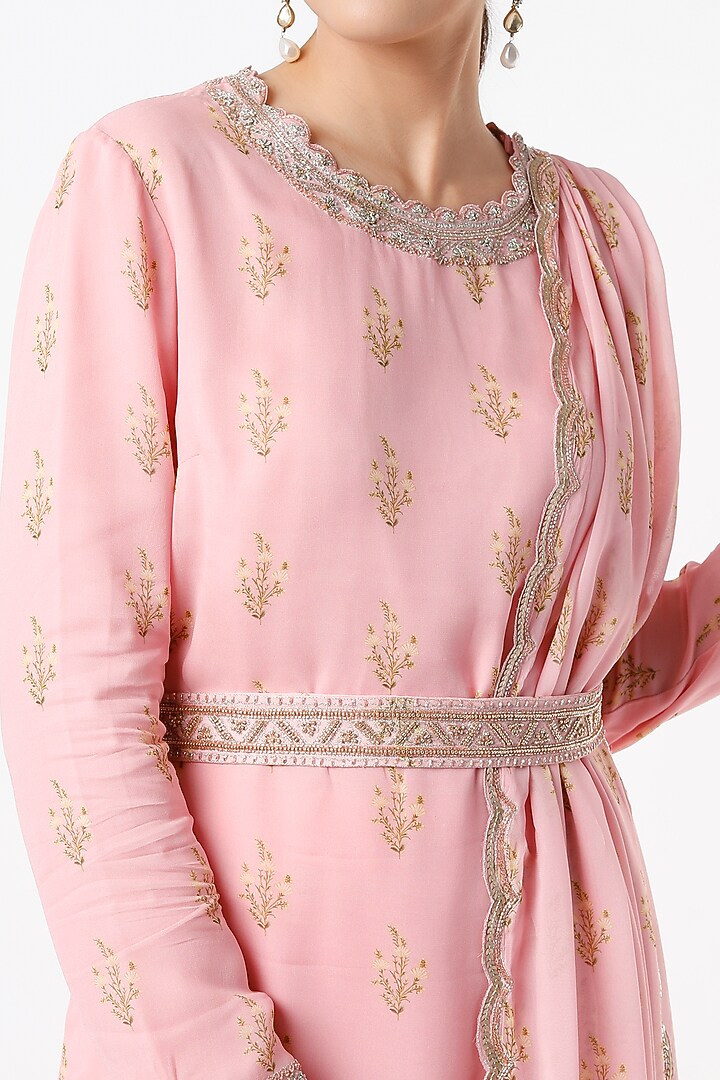 Blush Pink Georgette Printed & Embroidered Gharara Set by Sana Barreja at Pernia's Pop Up Shop
