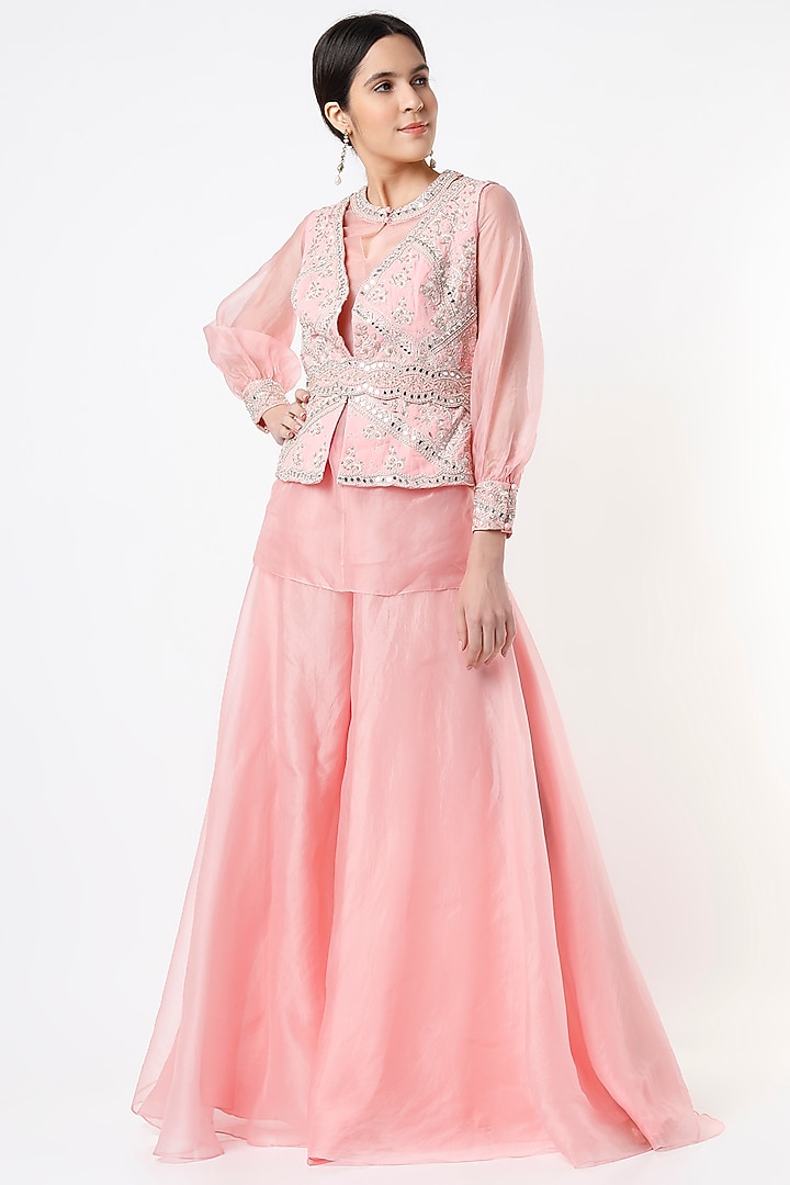 Blush Pink Hand Embroidered Jacket Set by Sana Barreja at Pernia's Pop Up Shop