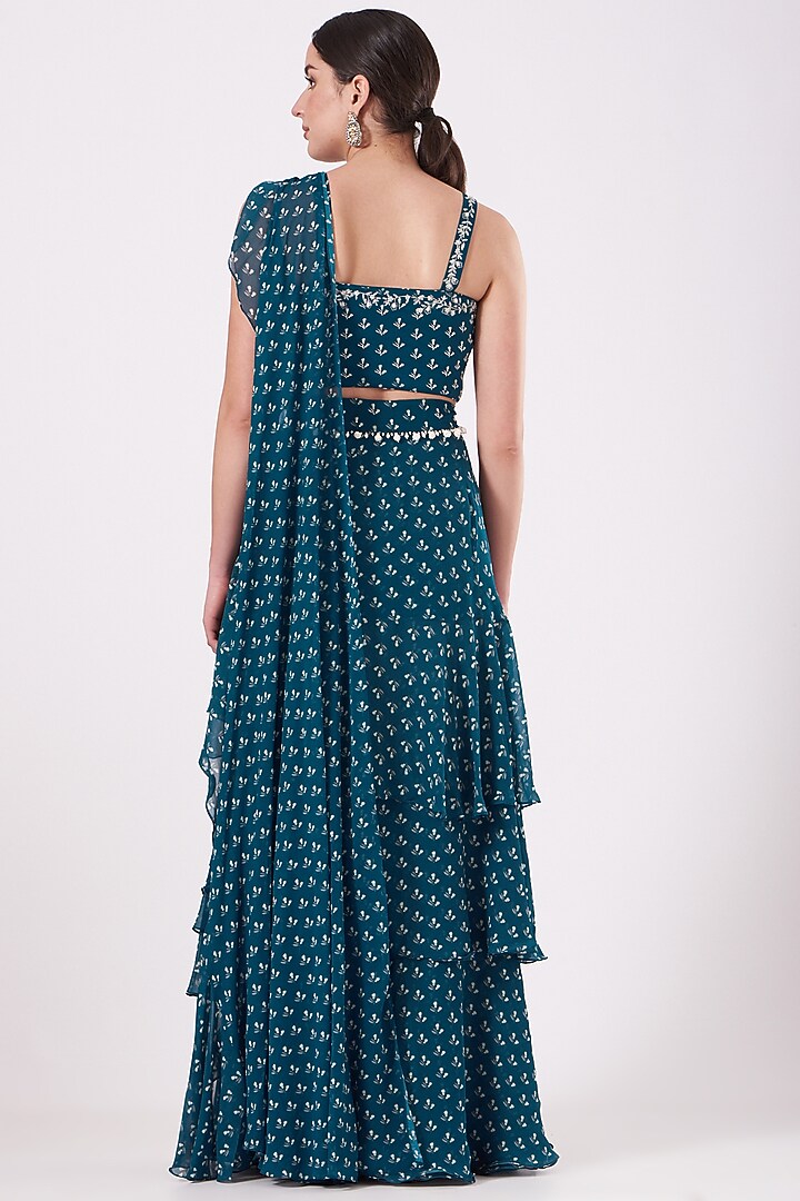 Teal Pre-Stitched Layered Wedding Saree Set by Sana Barreja at Pernia's Pop Up Shop