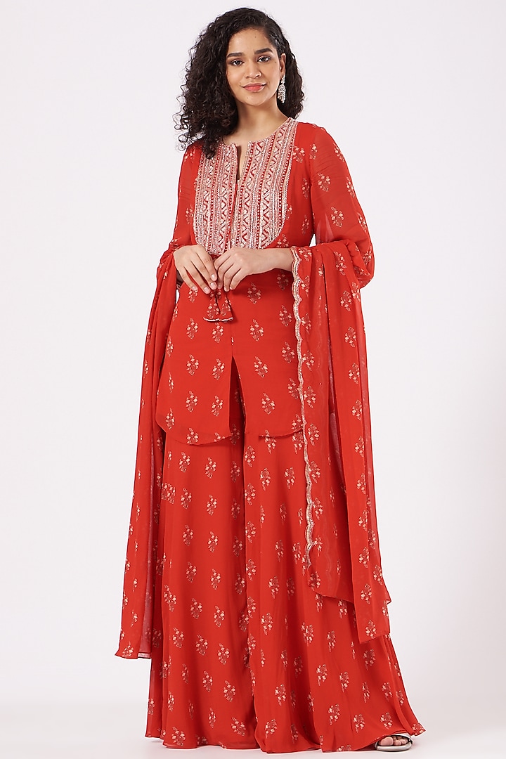 Red Georgette Gharara Set by Sana Barreja at Pernia's Pop Up Shop