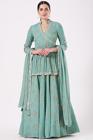 Turquoise Printed Lehenga Set by Sana Barreja