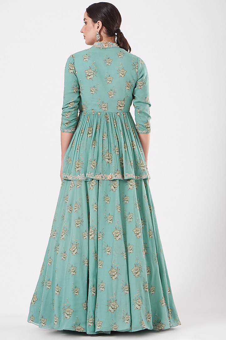 Turquoise Printed Wedding Lehenga Set by Sana Barreja at Pernia's Pop Up Shop
