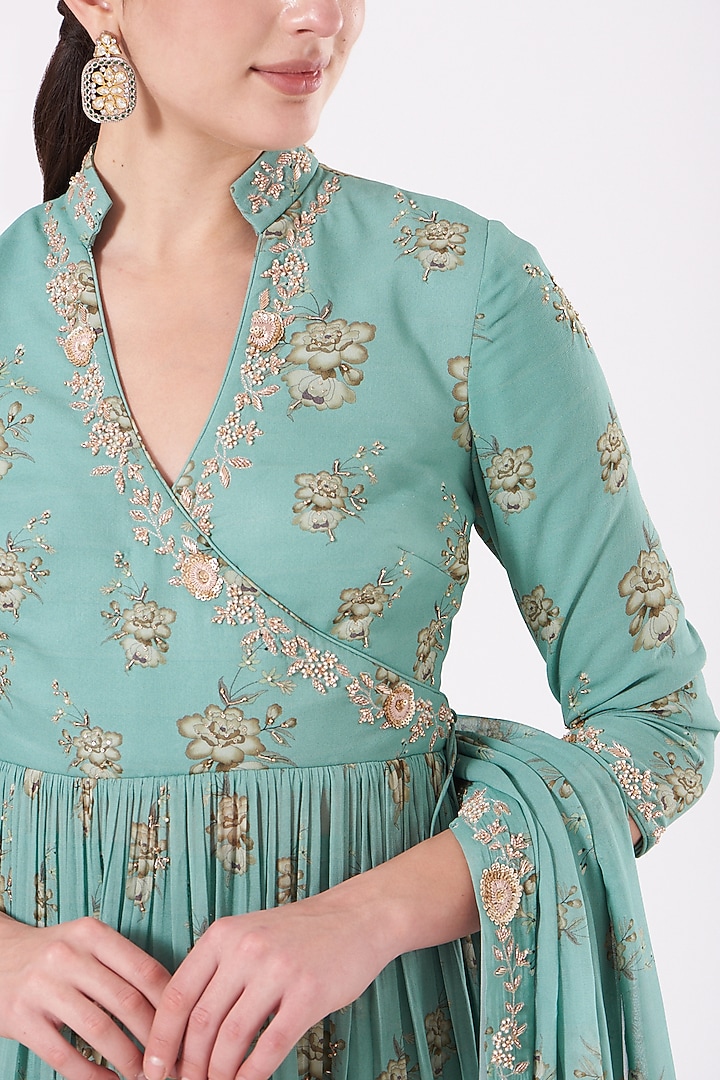 Turquoise Printed Wedding Lehenga Set by Sana Barreja at Pernia's Pop Up Shop