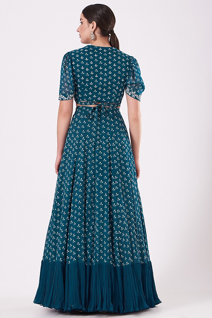 Teal Printed Wedding Lehenga Set by Sana Barreja at Pernia's Pop Up Shop