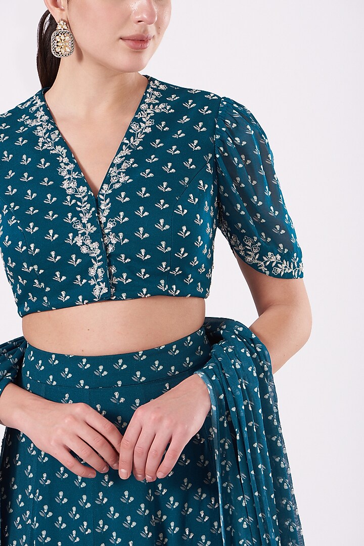 Teal Printed Wedding Lehenga Set by Sana Barreja at Pernia's Pop Up Shop