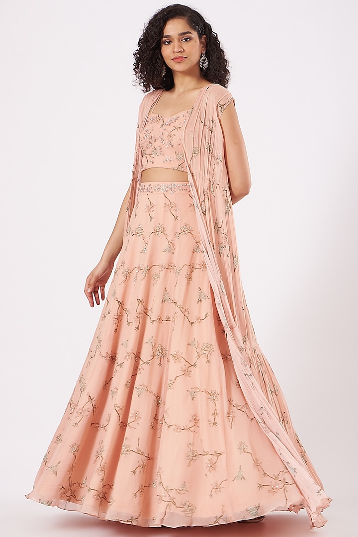 Peach Hand Embroidered Wedding Lehenga Set by Sana Barreja at Pernia's Pop Up Shop