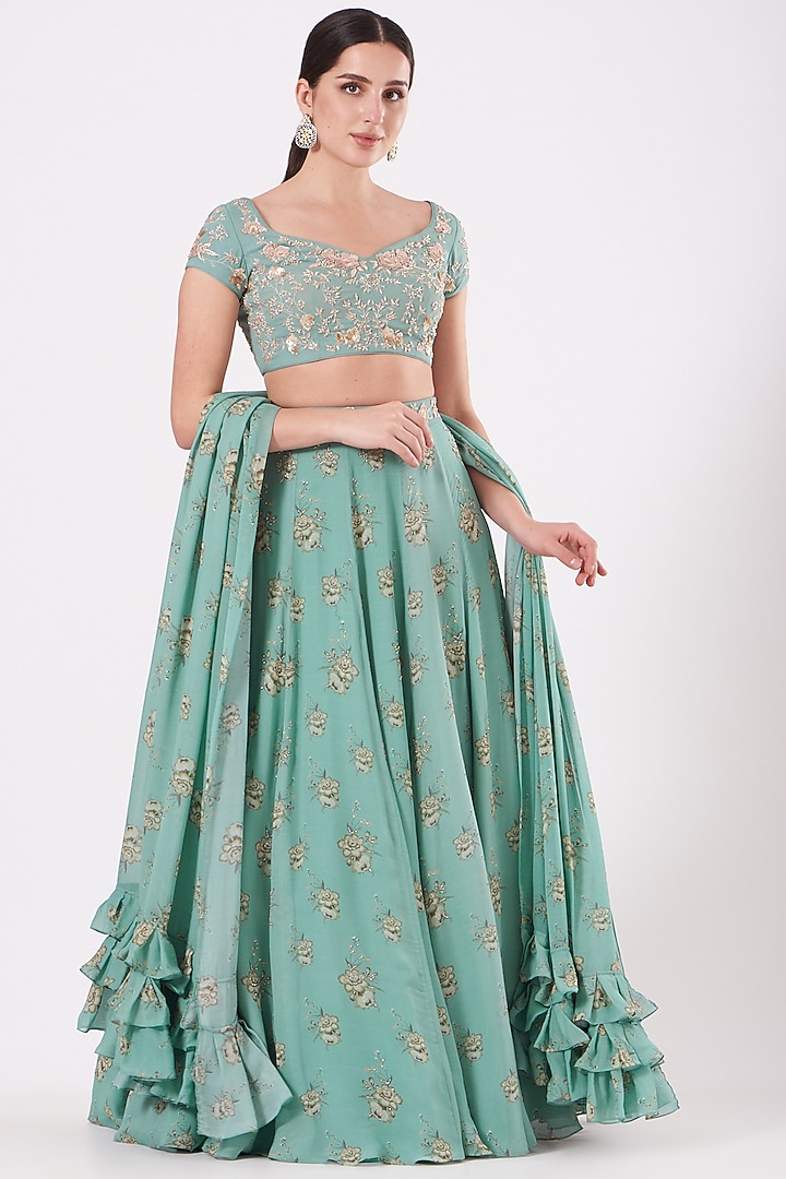 Turquoise Hand Embroidered Wedding Lehenga Set by Sana Barreja at Pernia's Pop Up Shop