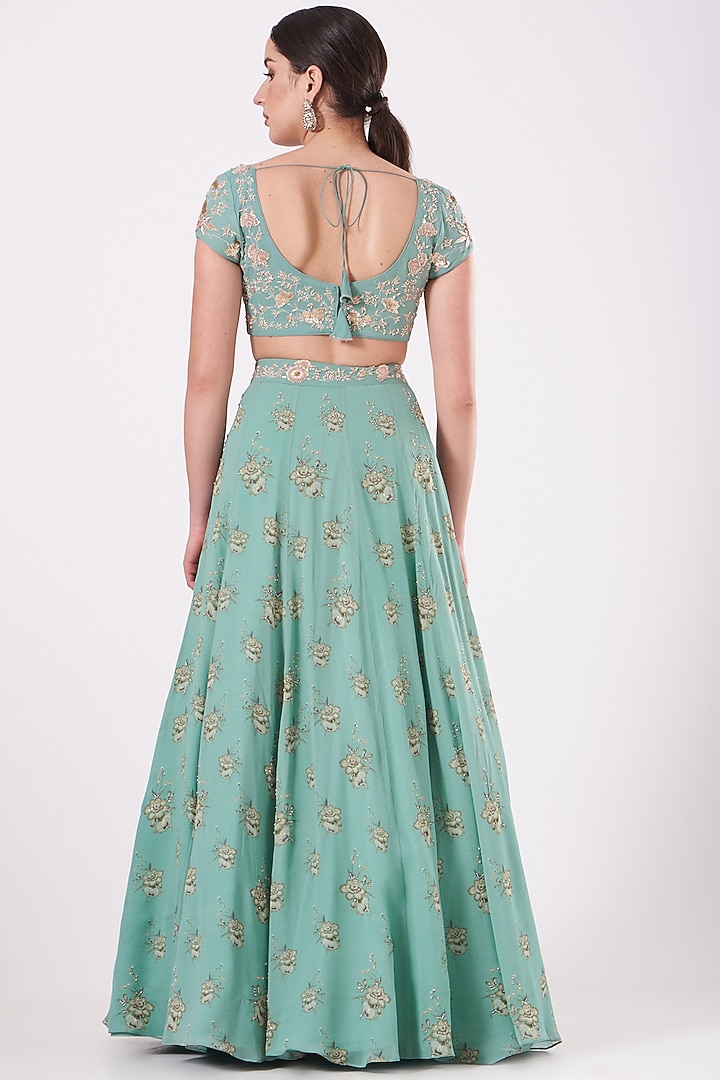 Turquoise Hand Embroidered Wedding Lehenga Set by Sana Barreja at Pernia's Pop Up Shop