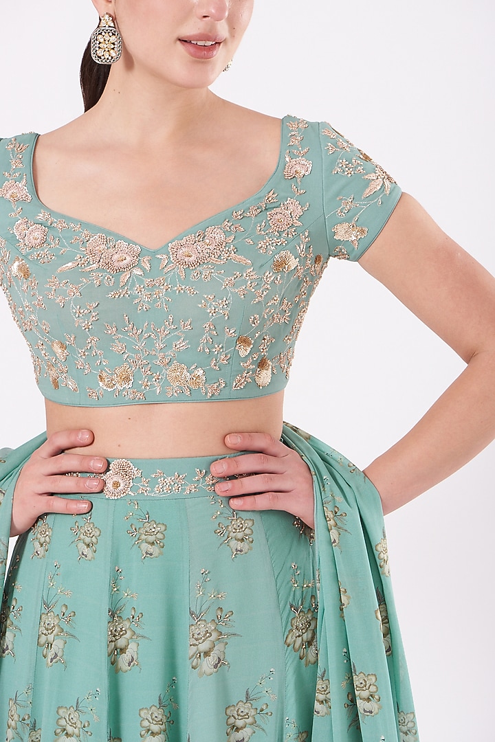 Turquoise Hand Embroidered Wedding Lehenga Set by Sana Barreja at Pernia's Pop Up Shop
