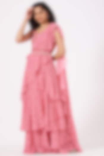 Pink Layered Pre-Stitched Saree Set by Sana Barreja