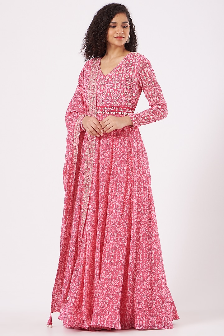 Pink Printed Wedding Anarkali Set by Sana Barreja at Pernia's Pop Up Shop