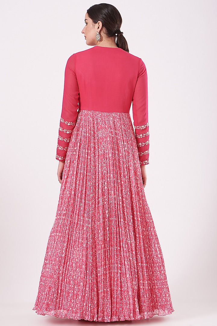 Pink Printed Ruched Wedding Anarkali Set by Sana Barreja at Pernia's Pop Up Shop