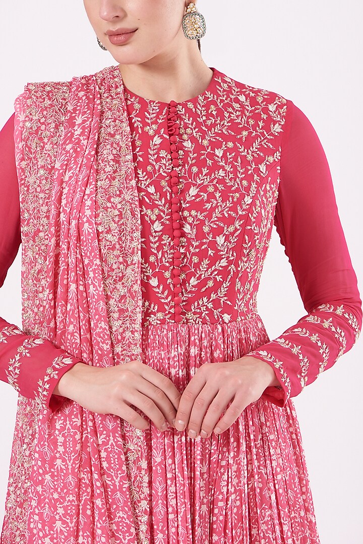 Pink Printed Ruched Wedding Anarkali Set by Sana Barreja at Pernia's Pop Up Shop