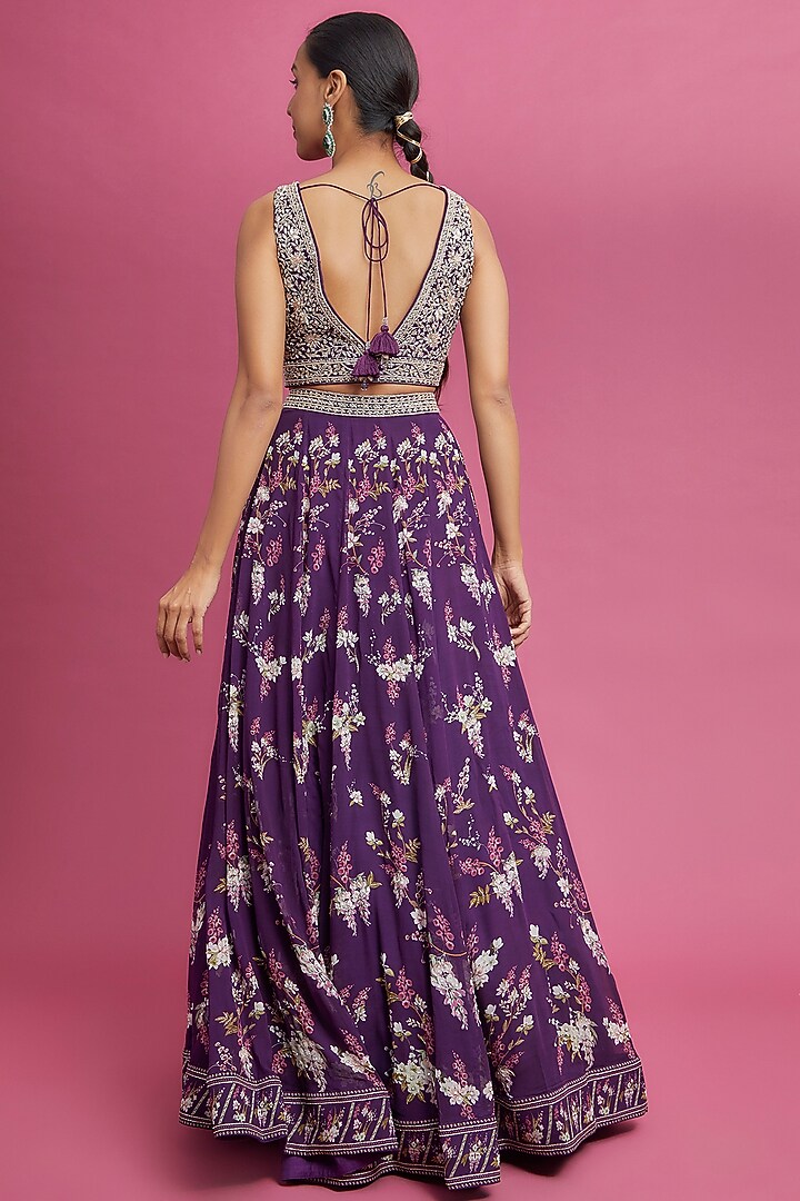 Purple Georgette Printed Wedding Lehenga Set by Sana Barreja at Pernia's Pop Up Shop