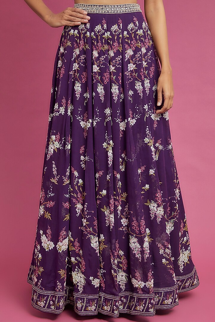 Purple Georgette Printed Wedding Lehenga Set by Sana Barreja at Pernia's Pop Up Shop